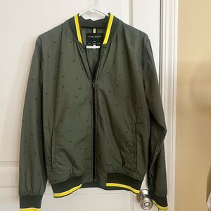 Denim & Flower Olive Bomber Jacket with Yellow Accents